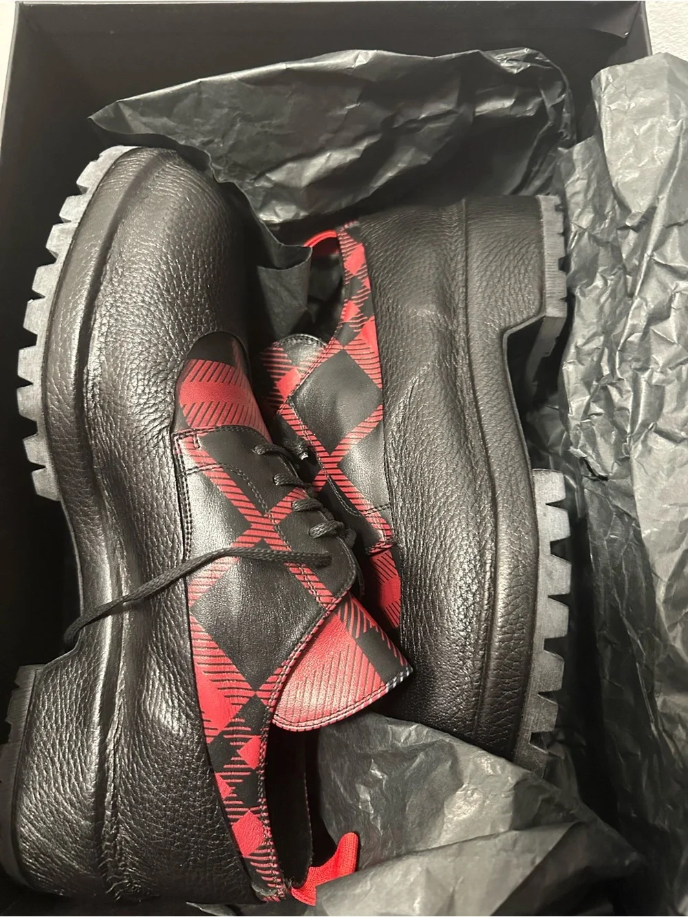 424 FourTwoFour Leather Cover Low Top Boot Plaid Print Leather Black Size 43RARE